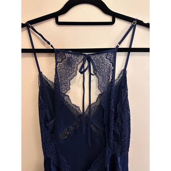 Victoria's Secret Navy Blue Satin Lace Slip Nightie Lingerie Nightgown Large - Picture 7 of 12